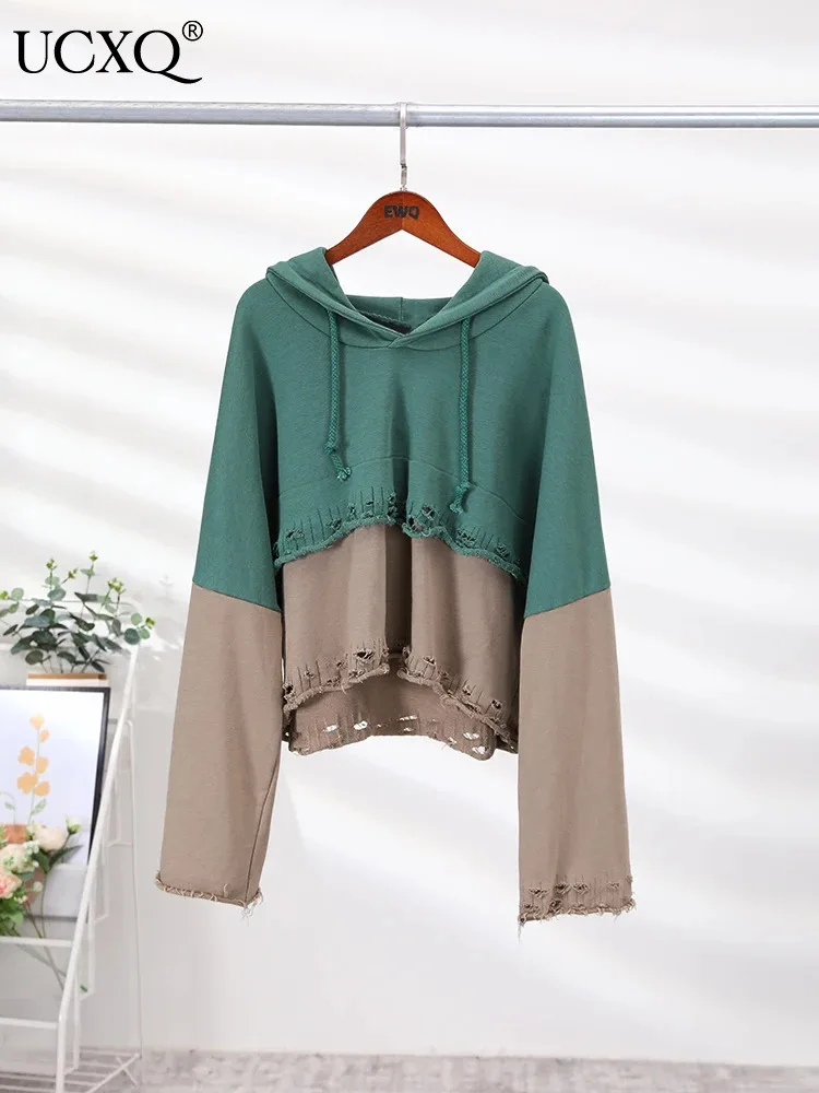 

Пуловер с длинным рукавом UCXQ, свитшот с капюшоном, женская короткая куртка 2023, осенняя трендовая женская одежда большого размера, в стиле пэчворк 16O504h