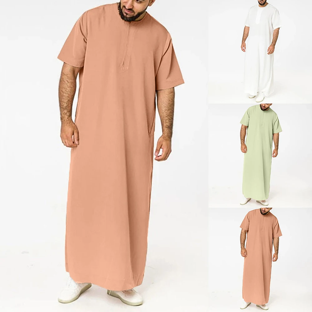 Solid Color Men Muslim Kaftan Robes Short Sleeve O-Neck Jubba Thobe Looser Casual Dubai Saudi Arabia Abaya Islamic Clothes