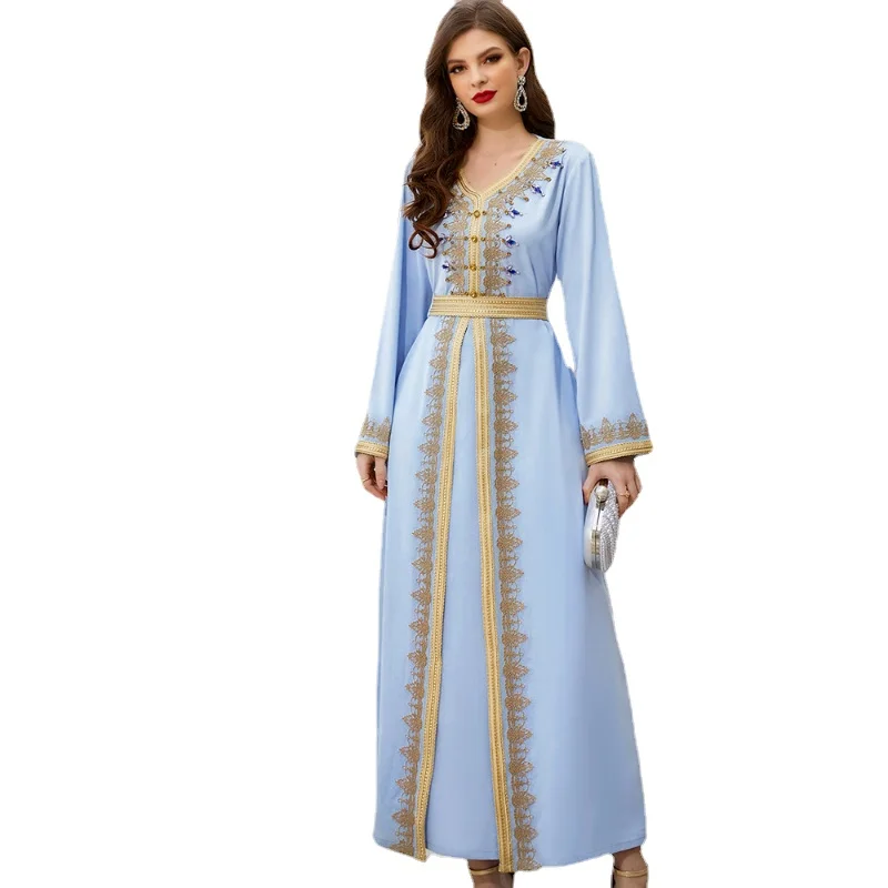 

Gorgeous Kaftan Evening Dresses Fake 2pcs Set Handsewn Moroccan Embroidered Caftan Women Muslim Arabic Party Dress Dubai Abaya