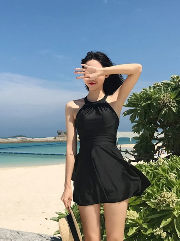 

Back Corss Black Swimsuit Dress Women Sexy Oversize Swimwear Conservative One-piece Skirt Boxer Slim Belly Cover Hot Spring