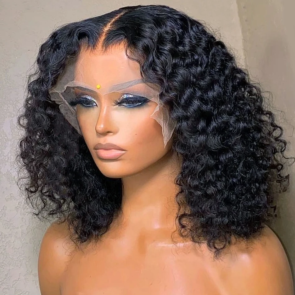 

Natural Black Short Bob Glueless Soft 180% Density Kinky Curly Preplucked Deep Lace Front Wig For Women BabyHair Daily Cosplay