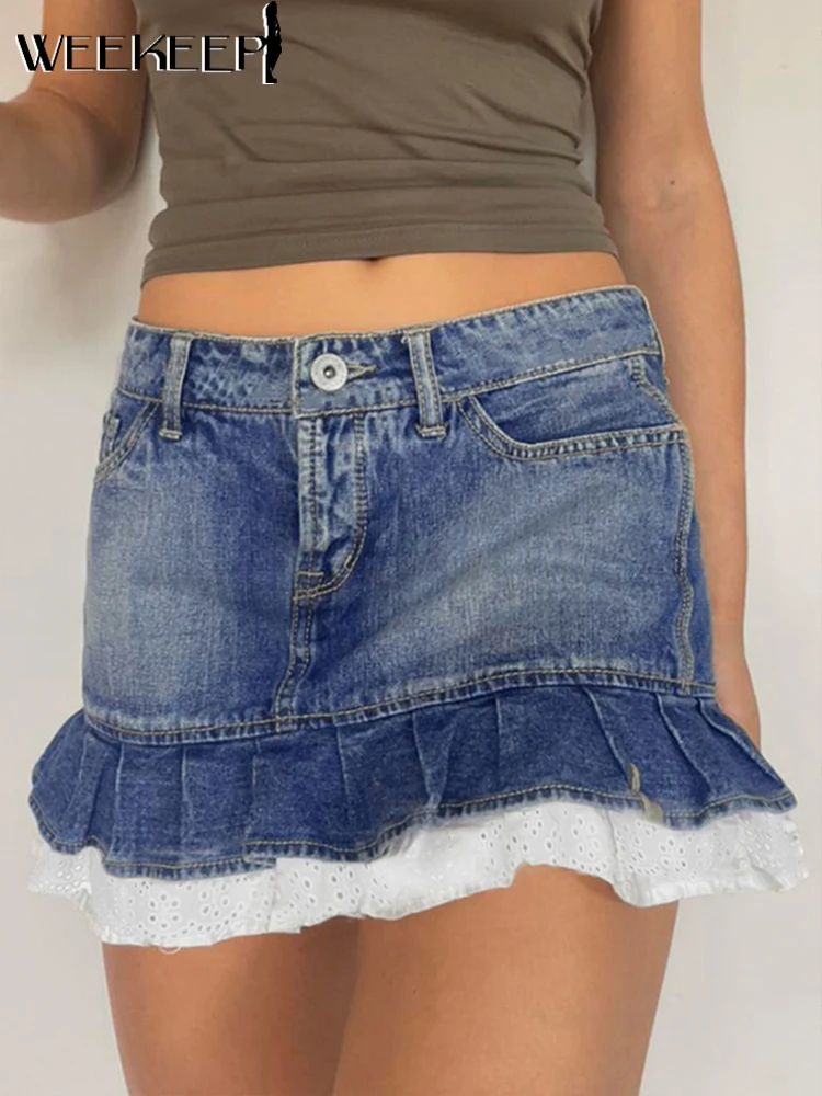 

Weekeep/джинсовая юбка с низкой талией, Женская Повседневная Лоскутная мини-юбка, корейская мода, уличная одежда, лето 2022, Y2k, базовая женская од...