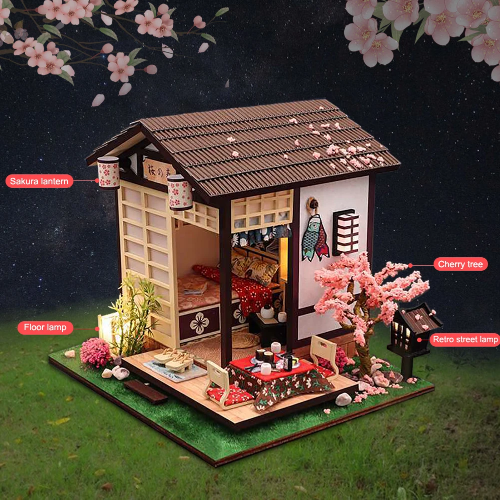 BZDA DIY Wooden Dollhouse Japanese Sushi Restaurant Sakura Assembled Miniature With Furniture Doll House Puzzle Toy For Children | Игрушки и