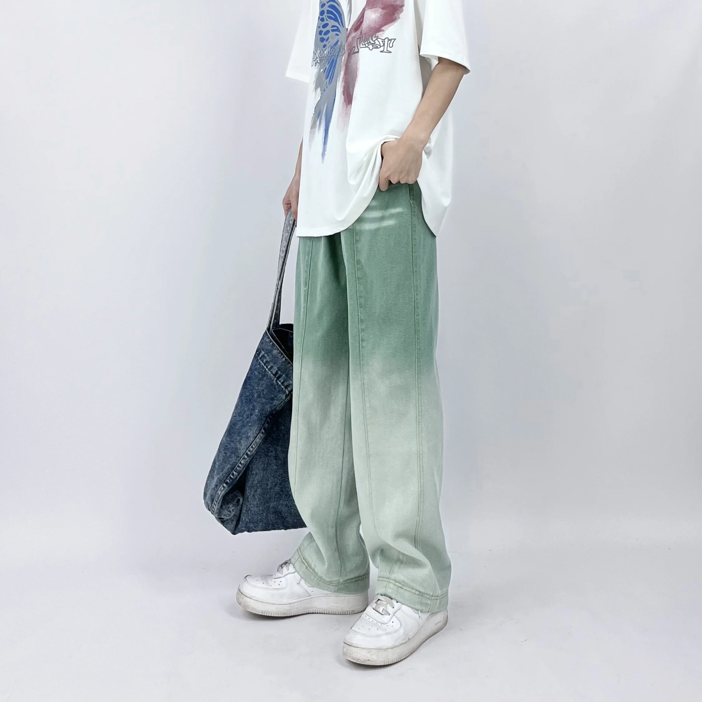 Men's Jeans Ins Street Tie-dye Gradient Green Straight Loose Jeans Men's and Women's Casual Trousers Ins Hot Sale Men Clothing