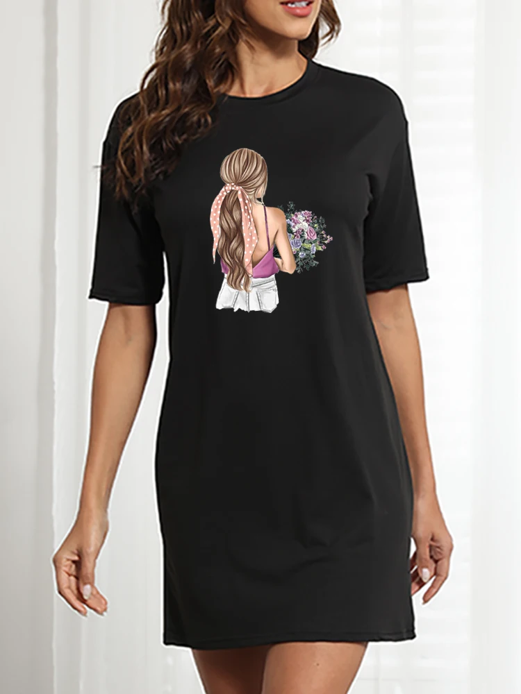 

Flower Pretty Girl Night Dress Women Summer Cartoon Loose Sleepwear Short Sleeve Black Casual Robe Femme Clothes Pyjama Sexy