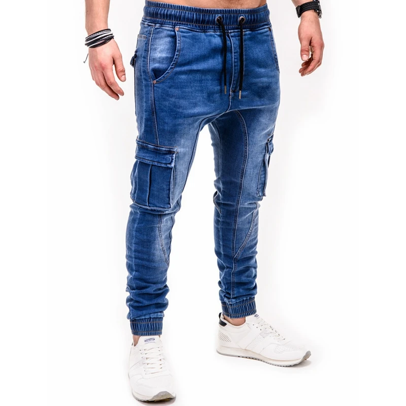 Men Jeans Spring Summer Solid Color Pocket Sports Stitching Jeans Men Casual Lace-up Mid-Waist Slim Denim Pencil Pants Trousers