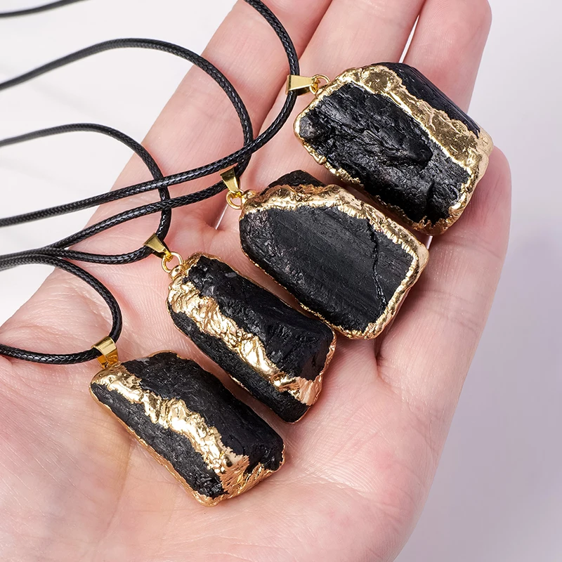 Натуральный кристалл необработанный камень черный турмалин золотой кулон