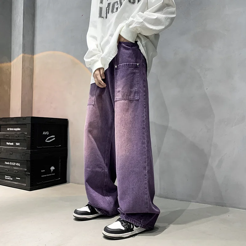 

Брюки мужские в стиле хип-хоп, модная уличная одежда, штаны оверсайз, джинсы в стиле Ins, широкие фиолетовые джинсовые повседневные винтажные