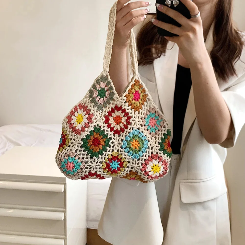 

Flower Crochet Women Shoulder Bag Retro Hollow Knitting Tote Ethnic Style Boho Handmade Handbag Ladies Travel Shopping Bag