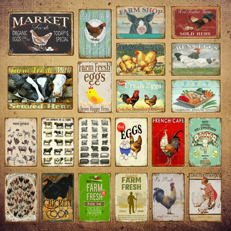 

Market Fresh Eggs Milk Metal Sign Shop Cafe Home Wall Decor Farm Animals Vintage Poster Happy Chicken Retro Plaque