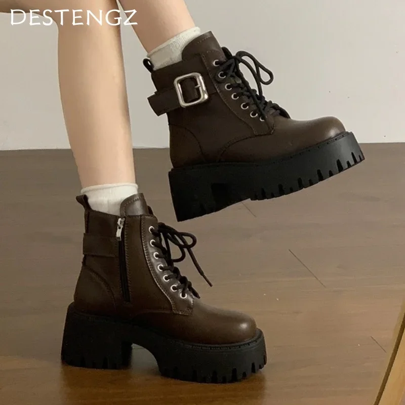 Женские ботильоны на высоком каблуке массивная кожаная обувь платформе женская