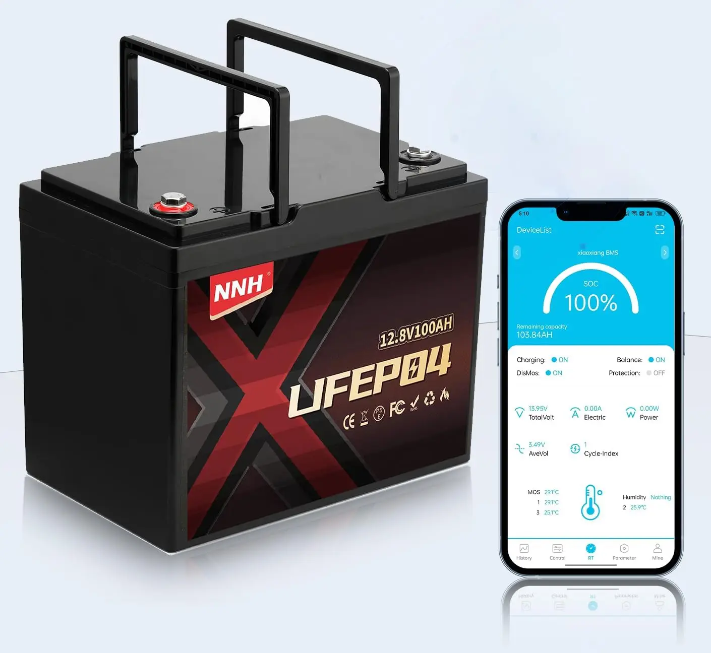 

100Ah Lithium Battery 12V LiFePO4 with Free Bluetooth APP, Deep Cycle Battery for RV Camper Marine Kayak Boat Trolling Free Tax
