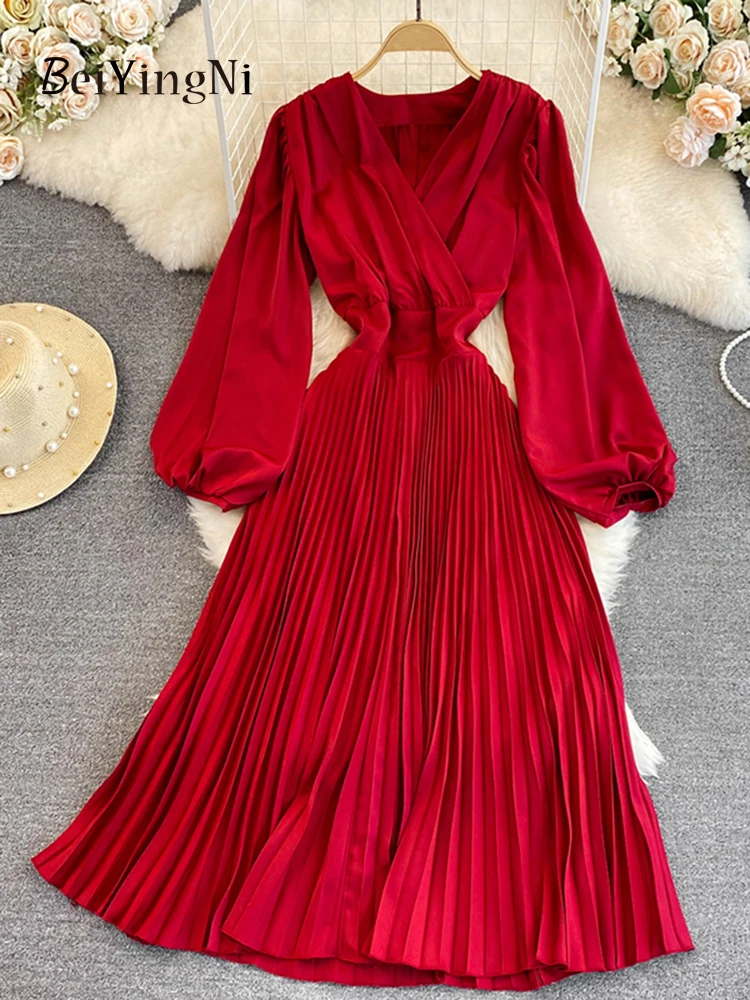 

Beiyingni, новое модное корейское Плиссированное Платье-миди, женские повседневные платья с длинным рукавом, V-образным вырезом и высокой талией...