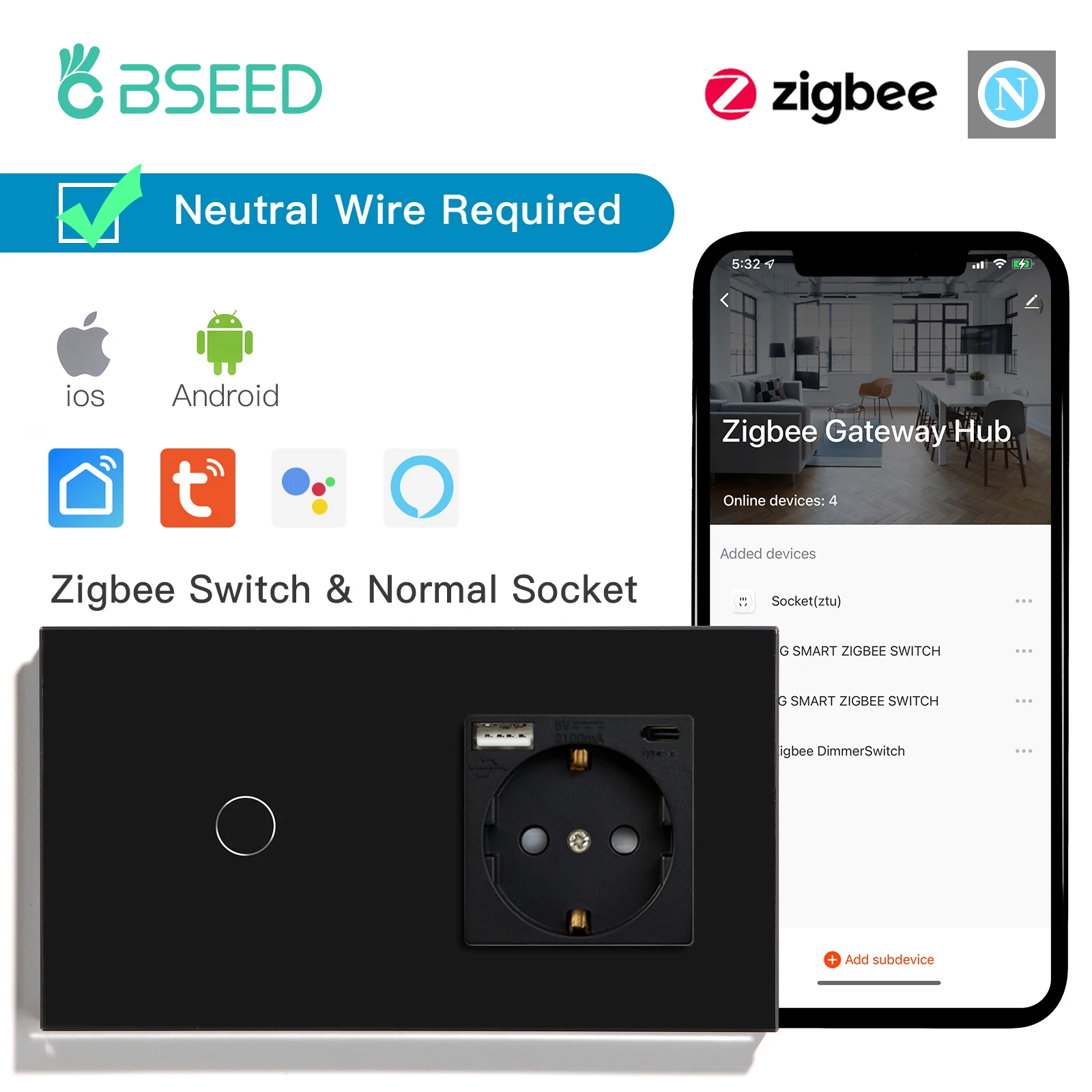 

Умный выключатель BSEED Zigbee 1/2/3 клавиш с розеткой USB Type-C