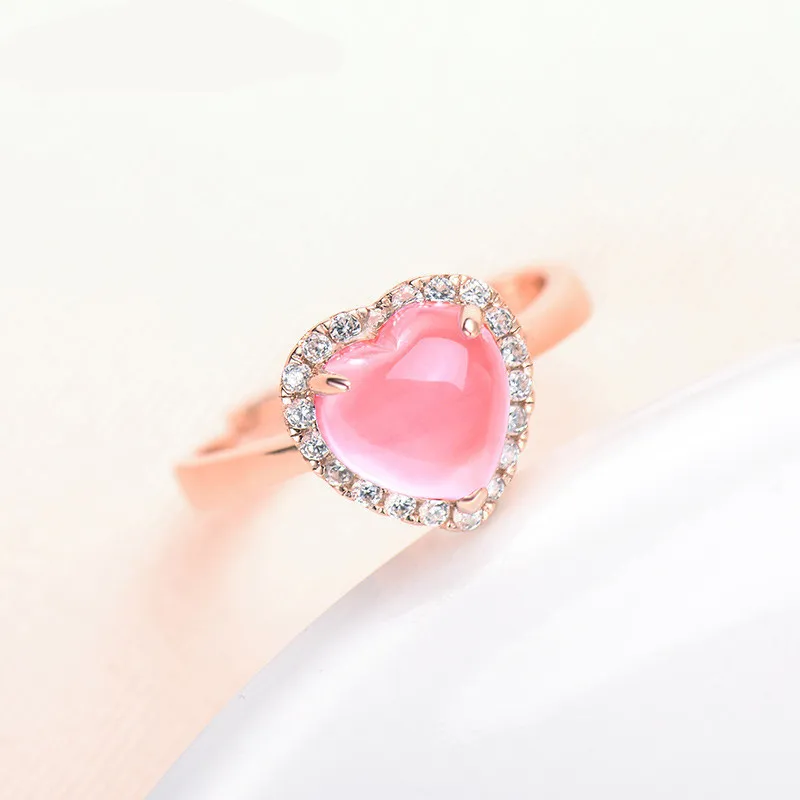 

HOYON Rose Gold Gilded New Hibiscus Stone Love Ring for Women Heart-Shaped Opening Adjustable Pink Crystal Gemstone Ring Jewelry