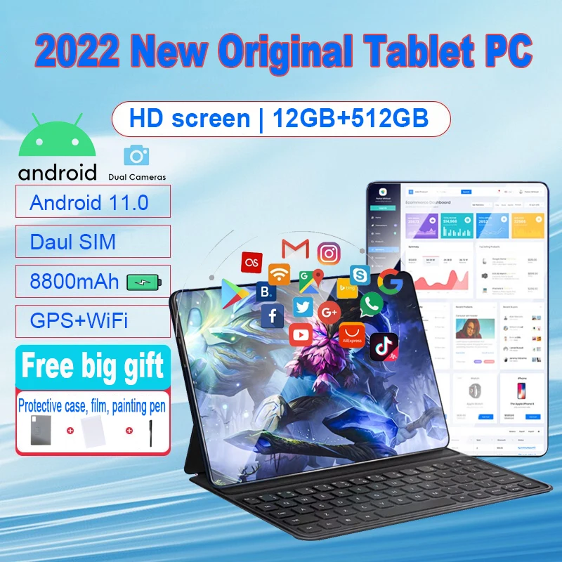 

2022 New Tablet 10 Inch Tablet Android 11 12GB RAM 512GB ROM Android Tablet Dual SIM 5G Tablet PC 8800mAh Wifi GPS Tablette Sale