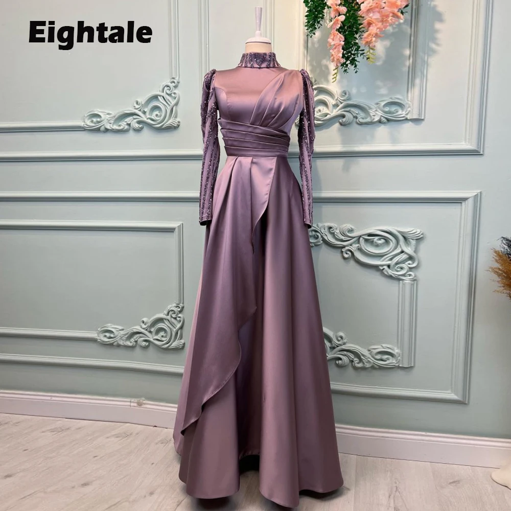 

Eightale Prom Dresses for Wedding Satin Arabic High Neck Beaded Evening Gown Long Sleeves A-Line Party Dress robes de soirée