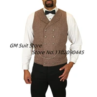 mens suit vest brown tweed herringbone gilet homme double breasted groom wedding business waistcoat vest for men