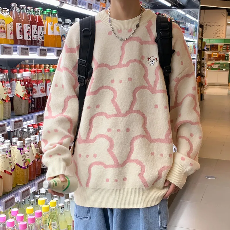 

Men Bear Print Knit Sweater Aesthetic Harajuku Oversized Pullover Cute Winter Sweater Female Casual Kawaii Casual Preppy Sweater