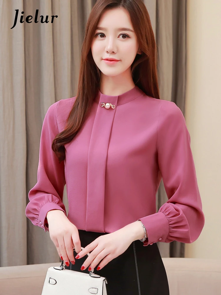 Jielur Весна новые фонари пуговицы женские рубашки элегантные дамы белые серые