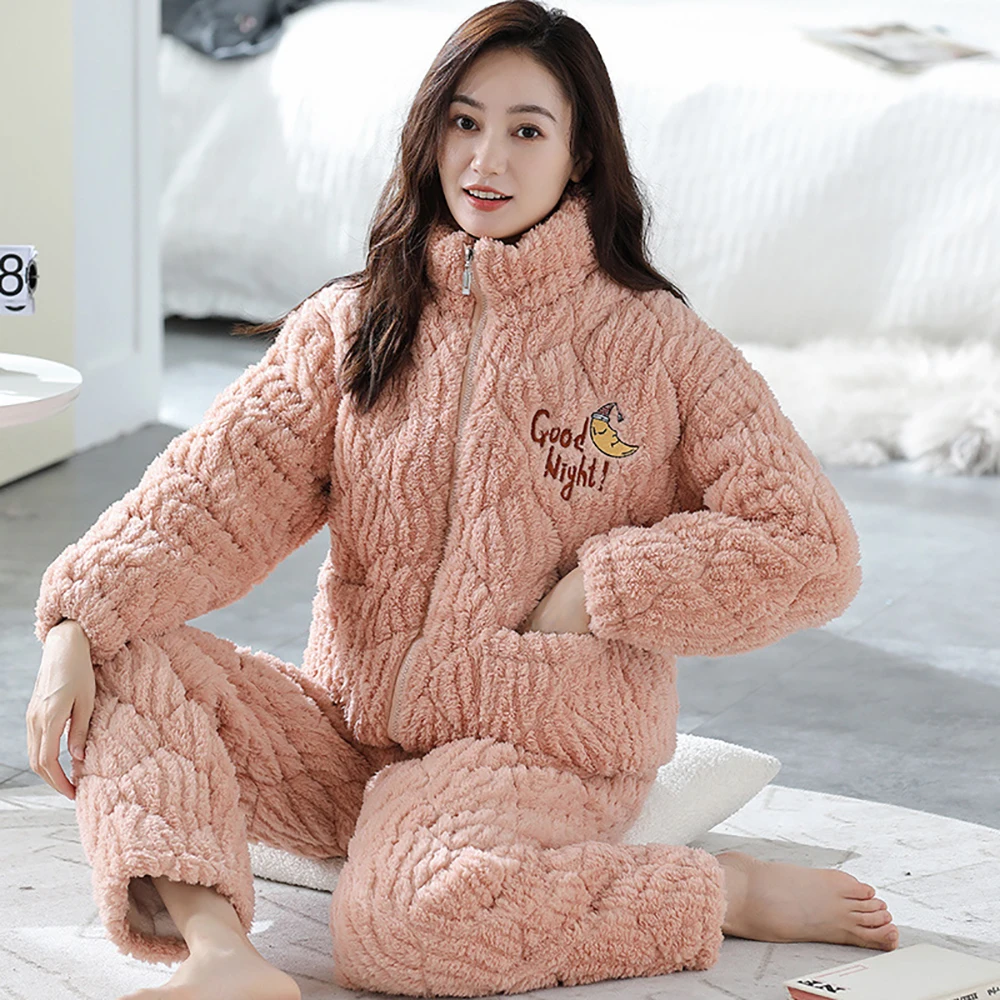 Warm Flannel Pajamas Female Winter 3-layer Thicken Pajama Sets for Women Casual Night Sleeping Clothes Comfortable Elastic Pants