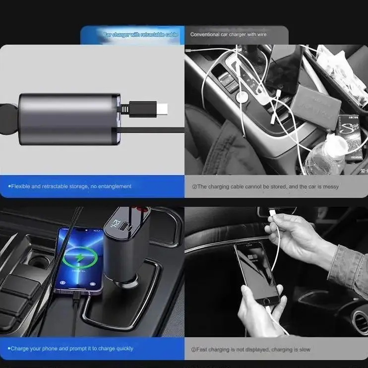 Автомобильное зарядное устройство 4 в 1, 100 Вт, выдвижной кабель USB Type-C, шнур для быстрой зарядки, прикуриватель для iPhone/Xiaomi/Samsung
