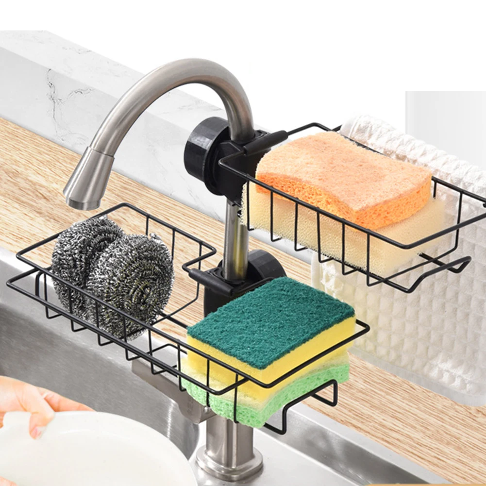 Stainless Steel Kitchen Faucet Shelf Adjustable Sink Drain Rack Sponge Dishcloth Storage Faucet Holder Soap Drainer Shelf Basket