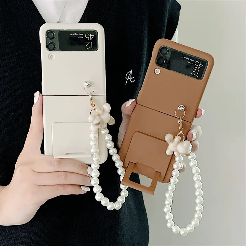 

Fashion Brown Beige Folding Phone Stand Case for Samsung Galaxy Z Flip 3 Z Flip 4 Hard PC Back Cover for ZFlip3 ZFlip4 Case