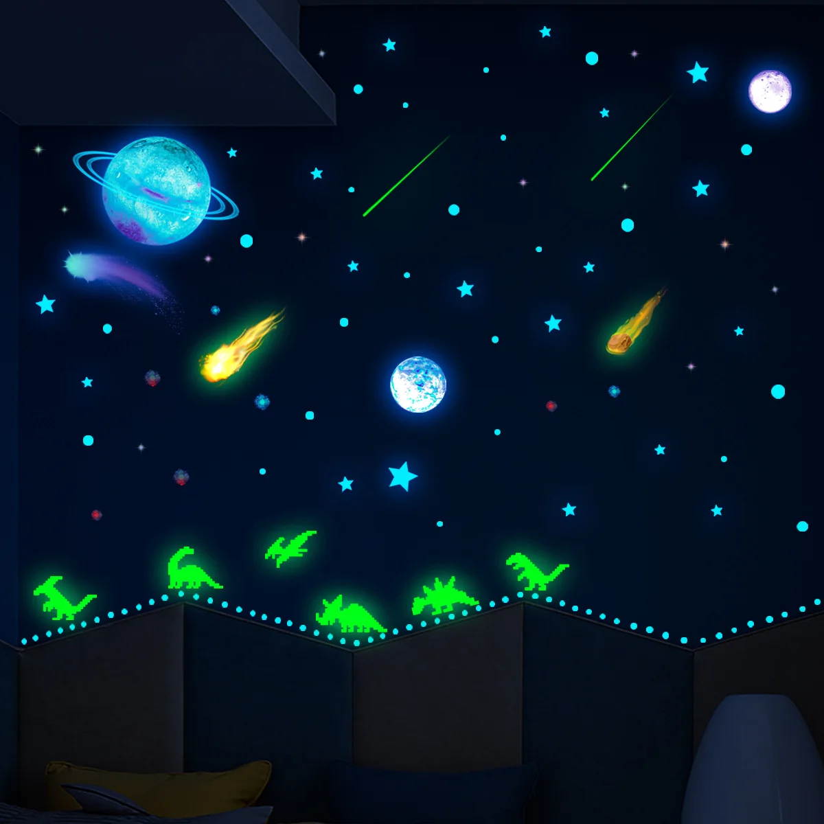 

Tofok Luminous Universe Planet Dinosaur Dot Wall Stickers Children's Room Living Room Bedroom Creative Decorative Wall Decals