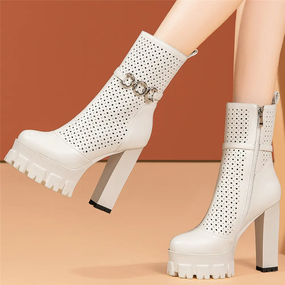 2023 Platform Pumps Shoes Women Hollow Genuine Leather Ankle Boots Female Round Toe High Heel Gladiator Sandals Casual Shoes