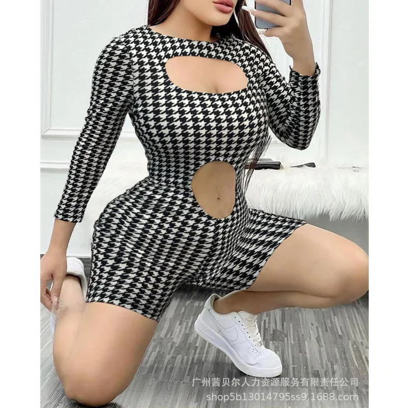 

Elegant Houndstooth Print Cutout Front Hollow Out Playsuit Romper Fashion Women Plaid Long Sleeve High Waist Corset Onepieces