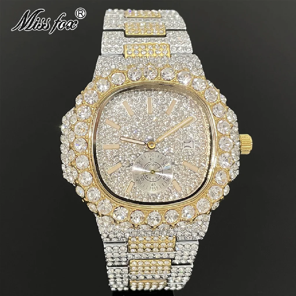 

MISSFOX Iced Out Watches Men Luxury Full Diamond Bling Fashion Quartz Wristwatch Stainless Steel Waterproof Clocks Free Shipping