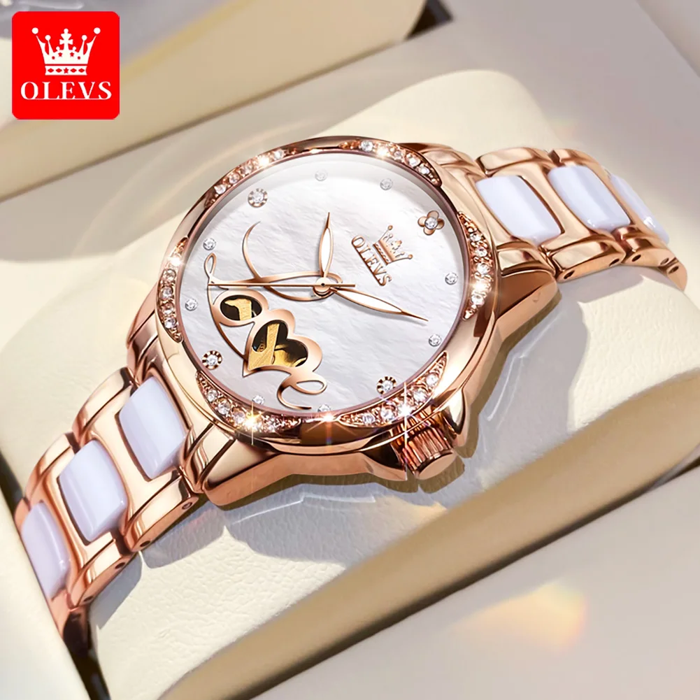 OLEVS Luxury Watches Women Fashion Watch Automatic Mechanical Skeleton Dial Stainless Steel Ceramics Band Elegant Lady Watch