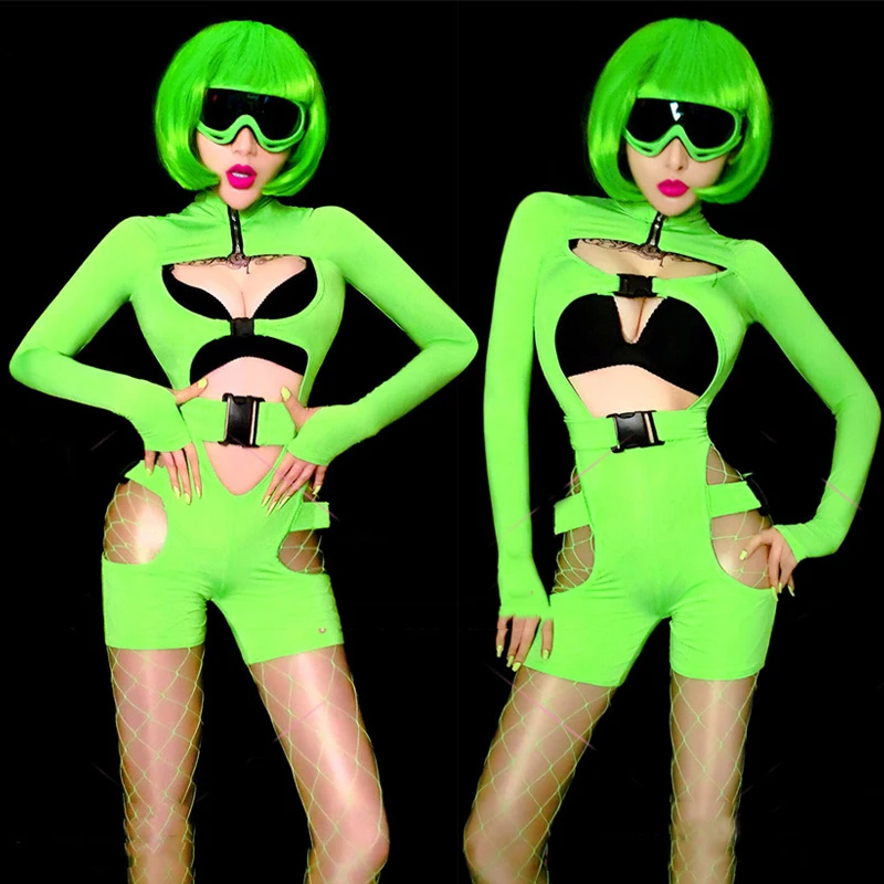 

Флуоресцентные зеленые сексуальные флуоресцентные искусственные волосы женские костюмы Gogo Джаз рейва одежда для фестиваля сценическая Кл...