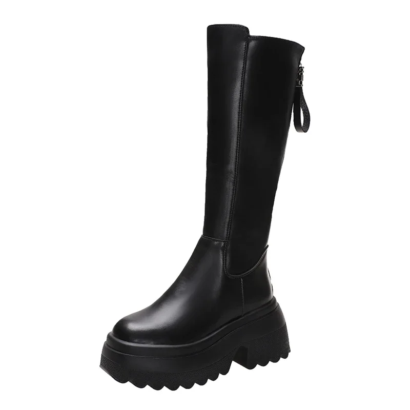 

Women's Platform Knee High Boots Fashion Soft Leather Long Boots Winter Motorcycle Boots Slip-on Chunky Sneakers 8CM High Heels