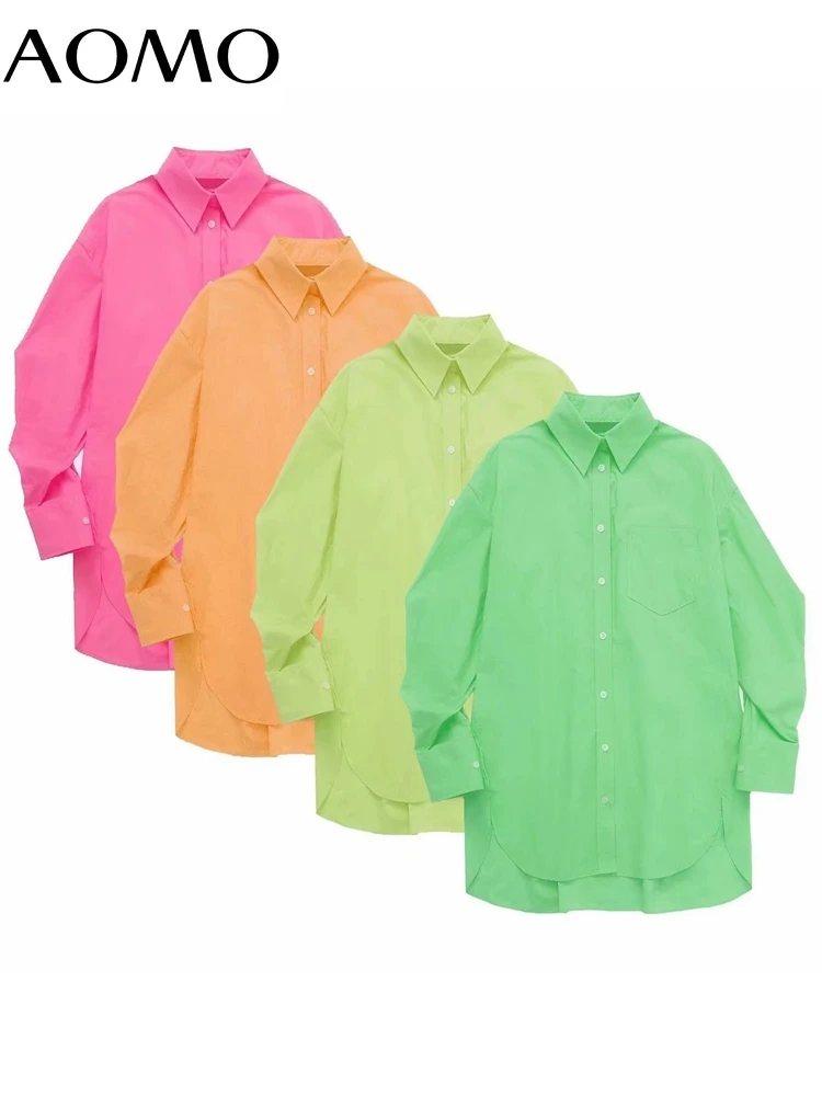 

AOMO Women Hotpink Oversized Cotton Long Shirt Long Sleeve 2022 Chic Female High Street Loose Shirt 3H147A