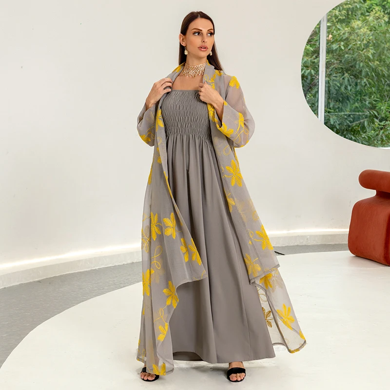 Mesh 2 Piece Abaya Set Muslim Embroidery Long Slip Flower Maxi Dress For Women With Belt Islamic Arab Dresses Dubai And Turkish
