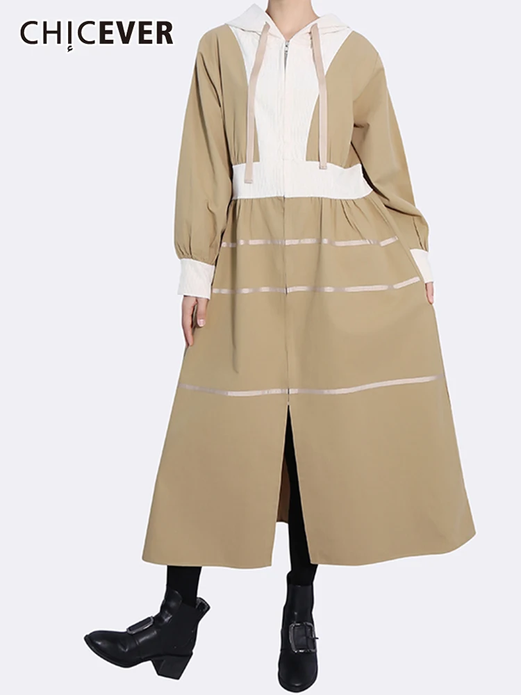 

CHICEVER свободные платья с капюшоном для женщин с длинным рукавом с высокой талией в стиле пэчворк с завязками хит цвет элегантное платье Женс...