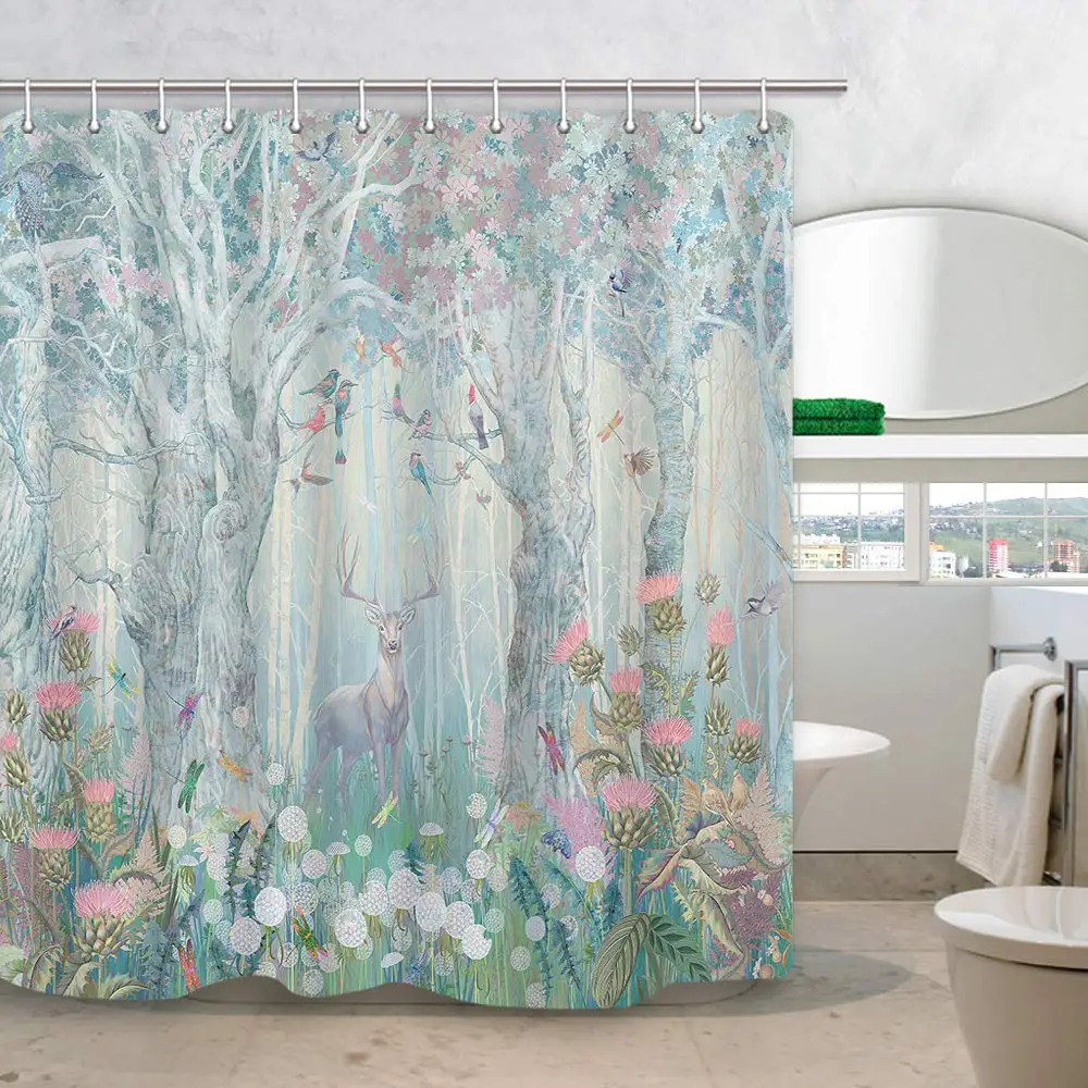 

Elk in Fanstry Forest with Flowers Birds Butterflies Dragonflies Fabric Curtains for Bathroom