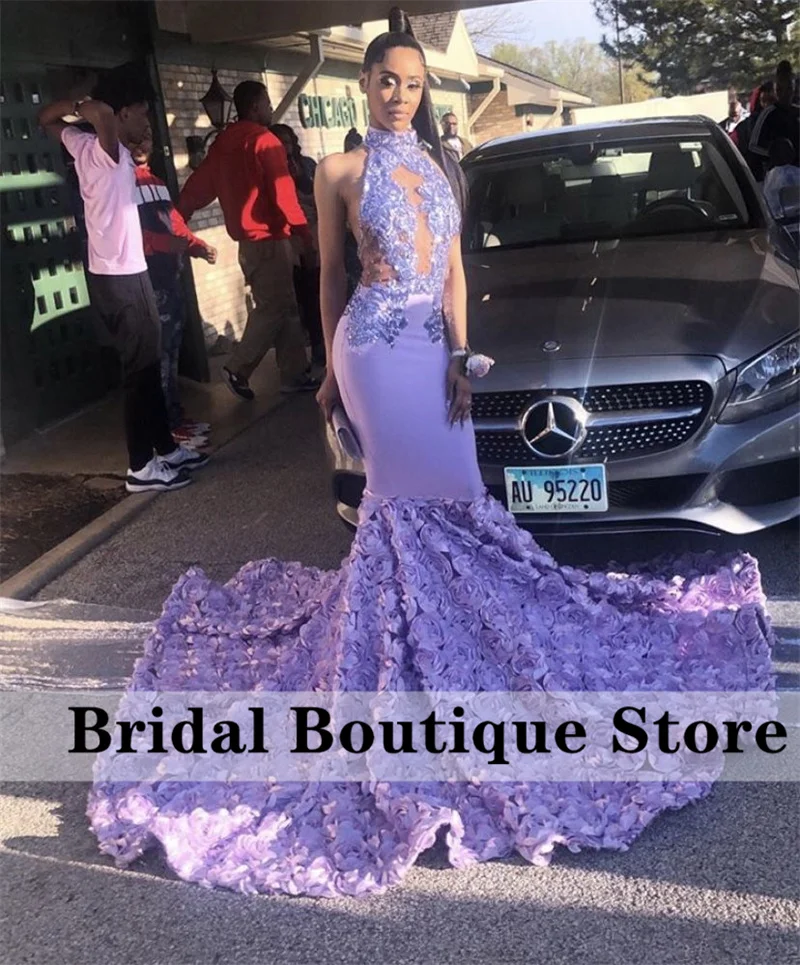 

Sexy Purple Mermaid Prom Dress Halter Crystal Lace Appliques Ruffles Graduation Party Dress Formal Gowns Robe De Bal Court Train