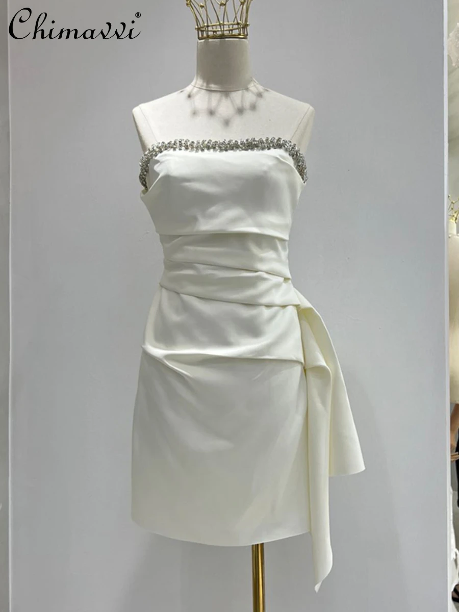 

2022 Summer New French Fashion Commuting Slim Diamond Pleated Dresses for Women Sexy Bandeau Sheath Elegant Short White Dress