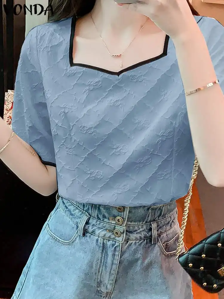 

Модная женская рубашка VONDA в стиле оверсайз с квадратным вырезом, повседневные блузки с коротким рукавом-фонариком, женские блузки для вече...