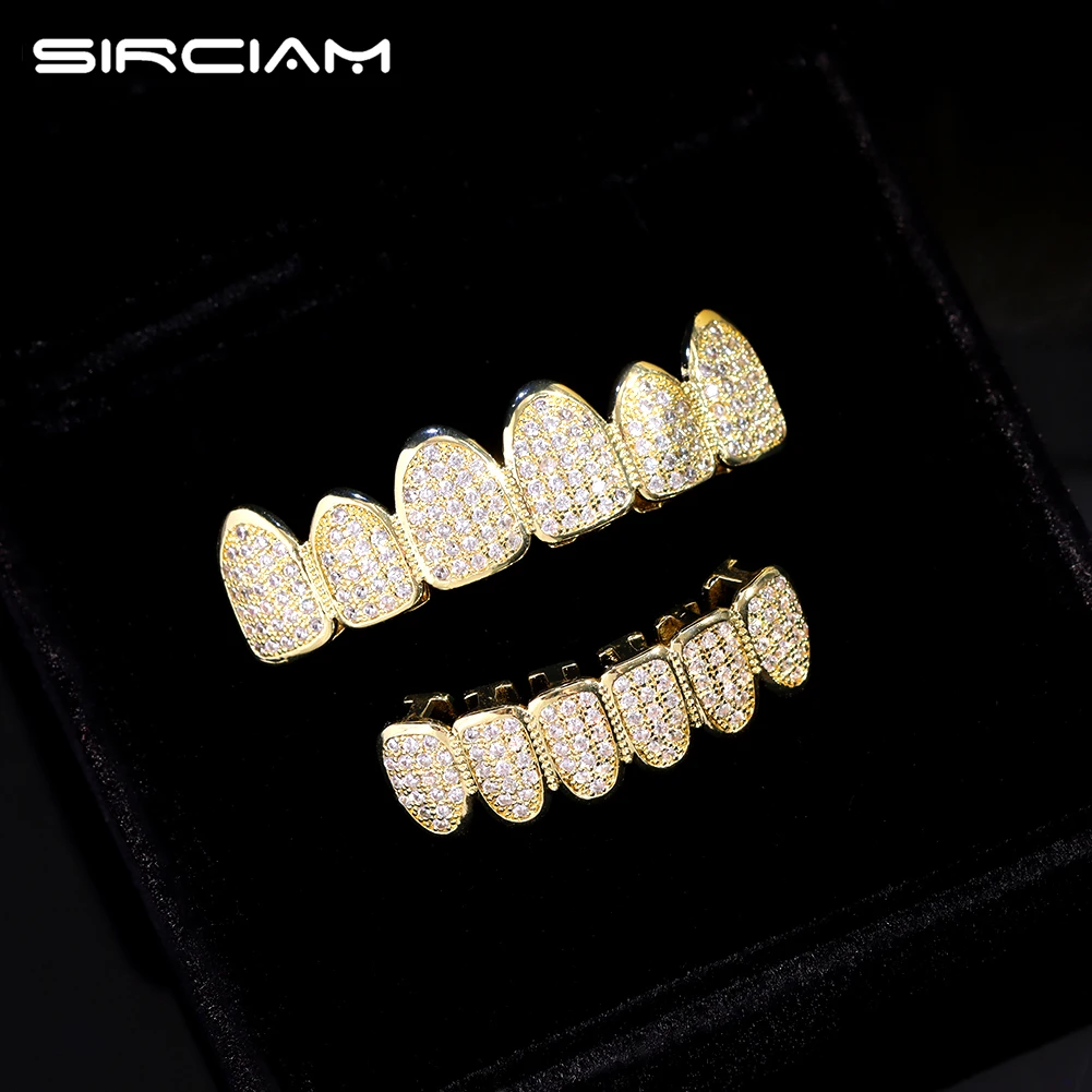 

Punk HipHop Micro Pave Zircon Teeth Grillz For Men Iced Out Bling Top Bottom Cubic Zirconia Grills Caps Set Dental Jewelry Gifts