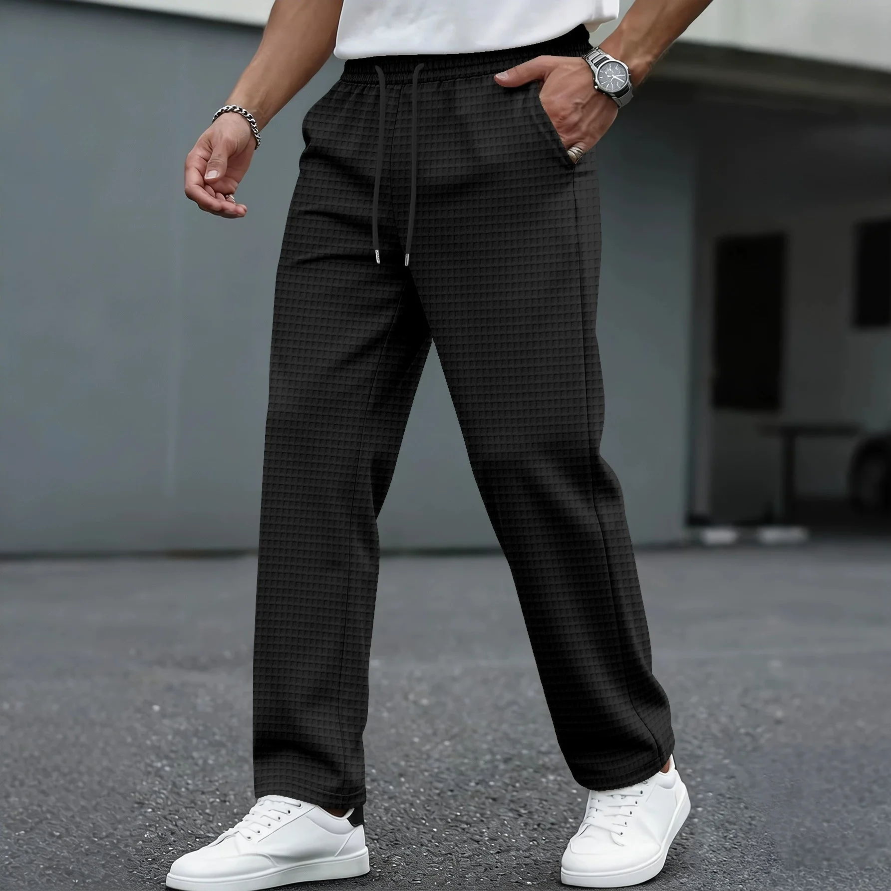 Фото Мужские новые повседневные брюки в широкую клетку на шнурке — легкие, дышащие, однотонные, удобные прямые брюки №5