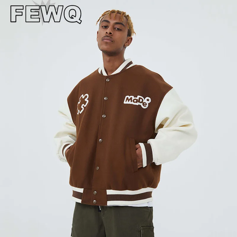 

Куртка FEWQ мужская с вышивкой в виде полотенца, пальто с круглым вырезом, винтажная уличная одежда, весна 2023, Стильные топы 24B1129