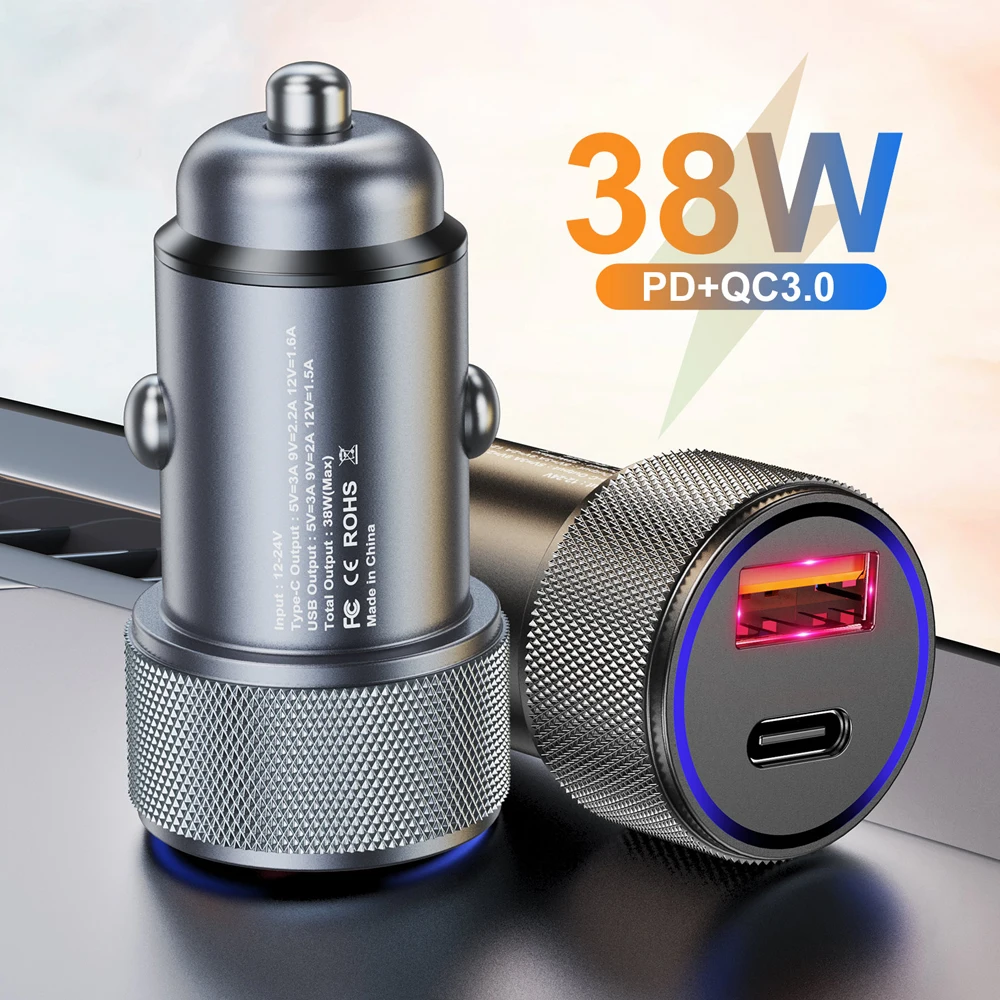 

2 Ports 38W Car Charger PD QC 3.0 USB Fast Charging Cigarette Socket Lighter for iPhone 13 Pro Max Xiaomi Mi 12 Samsung S22 S21
