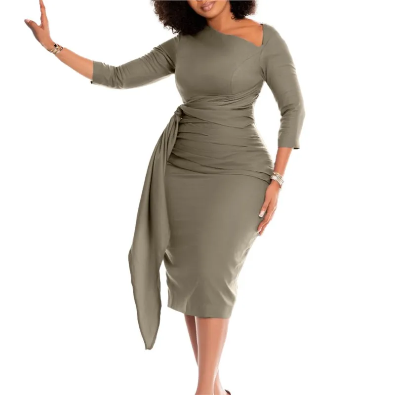 

African OL Women's Body Fitting Temperament Elegant Bag Hip Pencil Dress Solid Color Long-sleeved Strappy Pleated Dress Spring