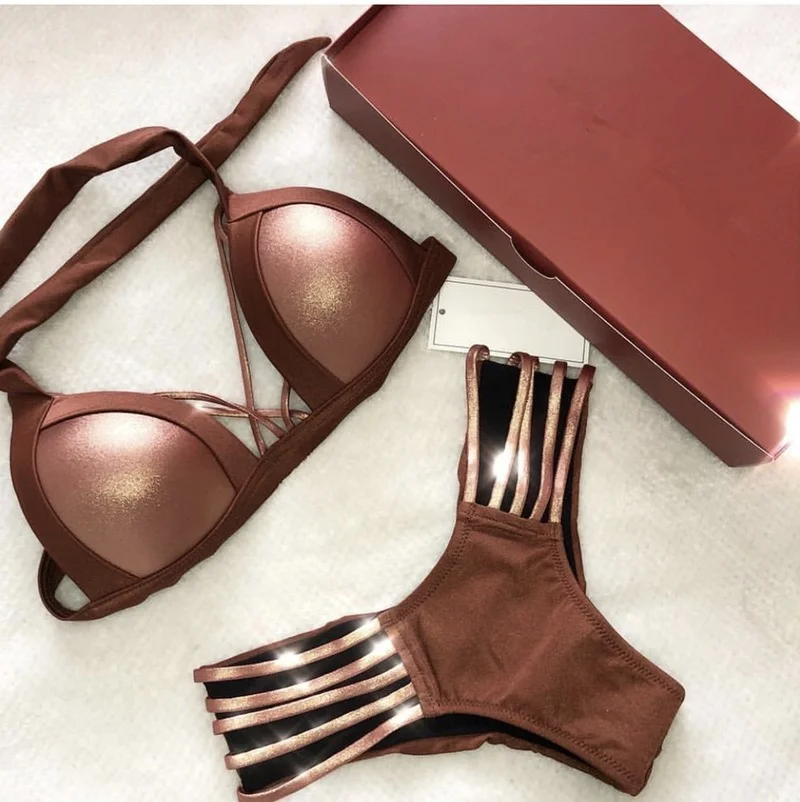 

Shiny Waist Women'S Swimsuit Sexy Bikini Solid Beachwear Summer Bathing Suit Push Up Swimwear High Cut Thong Bikinis Sets