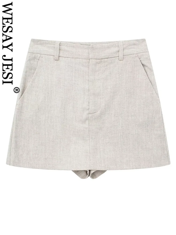 

Юбка-шорты WESAY JESI TRAF женская льняная, повседневная Однотонная юбка с завышенной талией, винтажная шикарная в стиле сафари на молнии, кюлоты