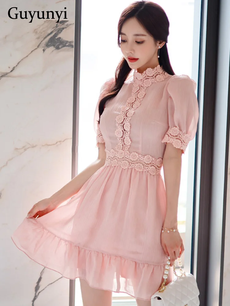 

Elegant Office Lady Mini Dress 2022 Summer Simple Pink Lace Stand-Neck Puff Sleeve Small Pleated Hem Temperament Women's Dresses